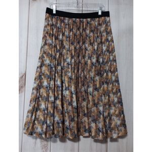 Geometric‎ Print Pleated Midi Skirt - Elastic Waist - Neutral Tones
